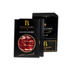 Whole Benito Black Hoof Iberian cured ham, hand-sliced in 100g packs.