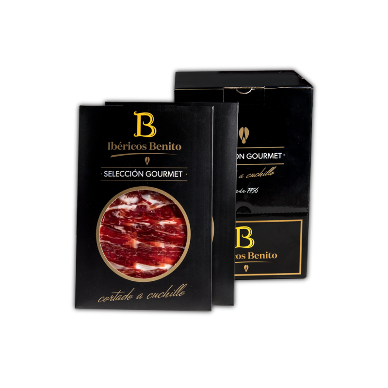 Whole Benito Black Hoof Iberian cured ham, hand-sliced in 100g packs. Whole Benito Black Hoof Iberian cured ham, hand-sliced in 100g packs.