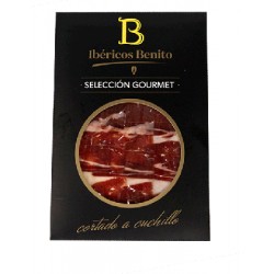 Whole Benito Black Hoof Iberian cured ham, hand-sliced in 100g packs.
