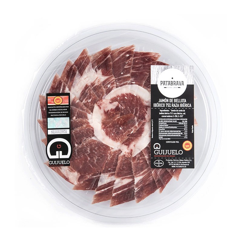 Jamón Bellota Ibérico 75% de Raza Ibérica ,DOP Guijuelo Patabrava Corte a Cuchillo en Bandeja de 100gr. Jamón Bellota Ibérico 75% de Raza Ibérica ,DOP Guijuelo Patabrava Corte a Cuchillo en Bandeja de 100gr.